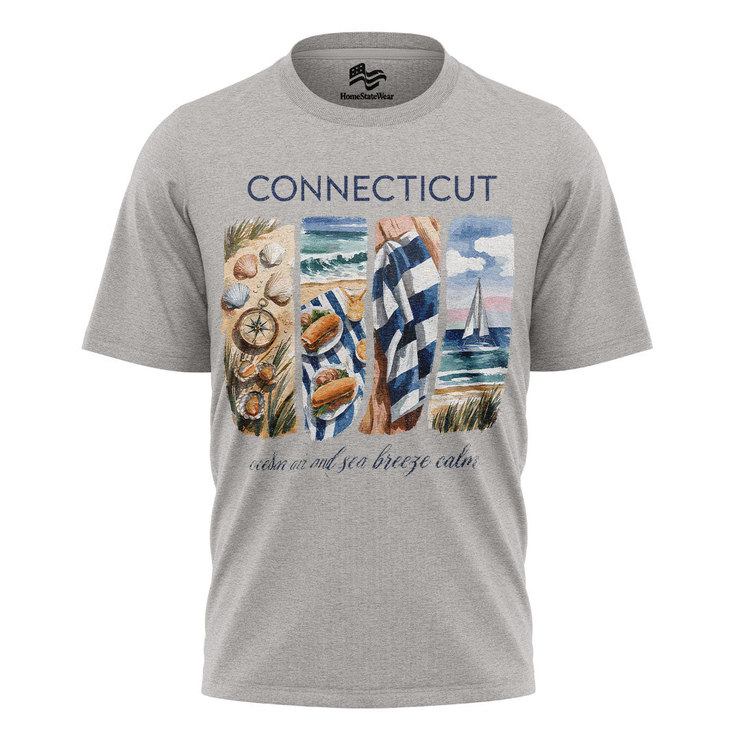 Connecticut Coastal T-Shirt, Nautical Sailboat & Seashell Graphic