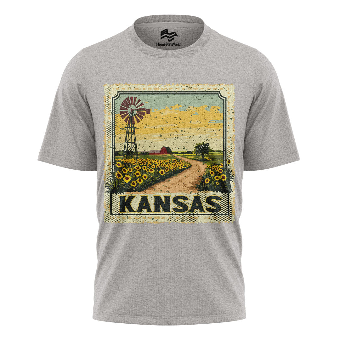 Kansas Sunflower Field Tee | Vintage Farmhouse Windmill Shirt