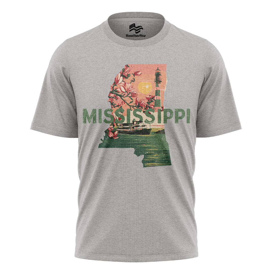 Mississippi Graphic T-Shirt, Magnolia Flowers Lighthouse Riverboat Sunset