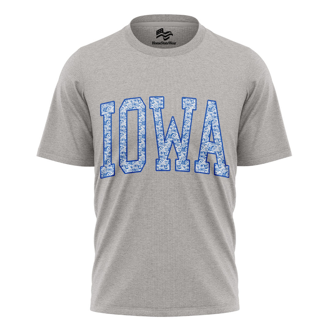 Blue Floral Iowa Varsity Tee | Midwestern Mama Gift Shirt