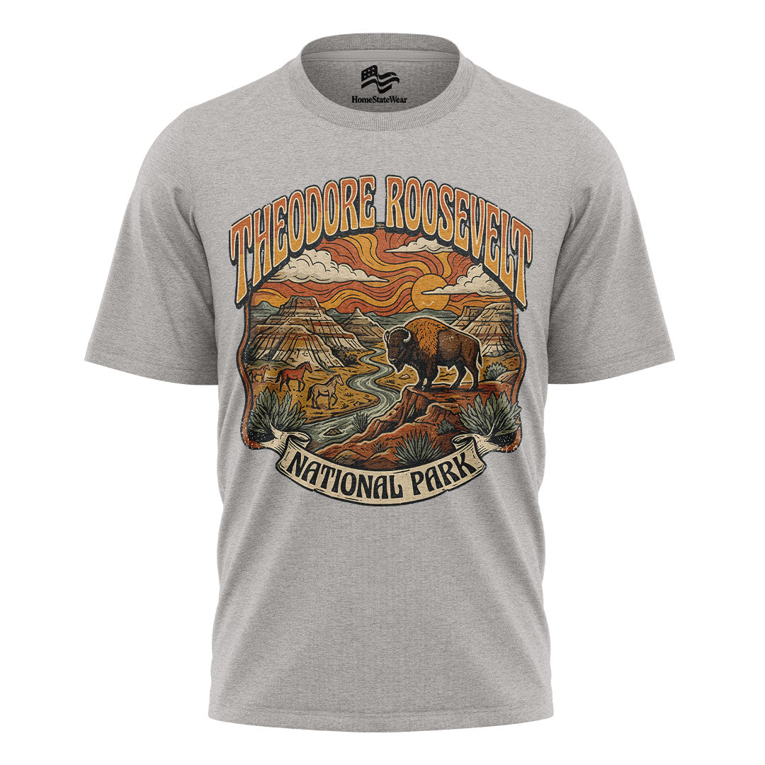Theodore Roosevelt National Park T-Shirt, Retro Badlands Bison Tee