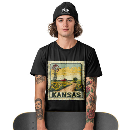 Kansas Sunflower Field Tee | Vintage Farmhouse Windmill Shirt