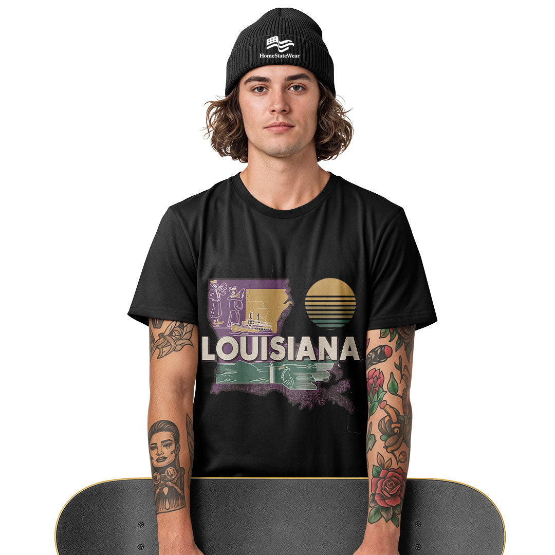 Louisiana Map T-Shirt | Retro Jazz Pelican Souvenir Tee
