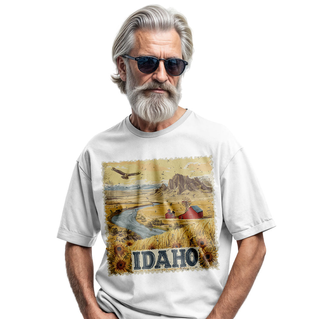 Idaho Sunflower Landscape Vintage Stamp Style Shirt
