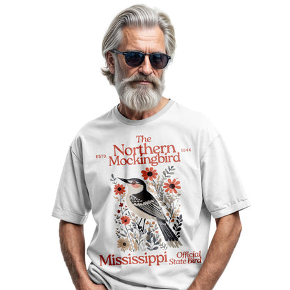 Mississippi Northern Mockingbird T-Shirt, Vintage Floral State Bird Tee