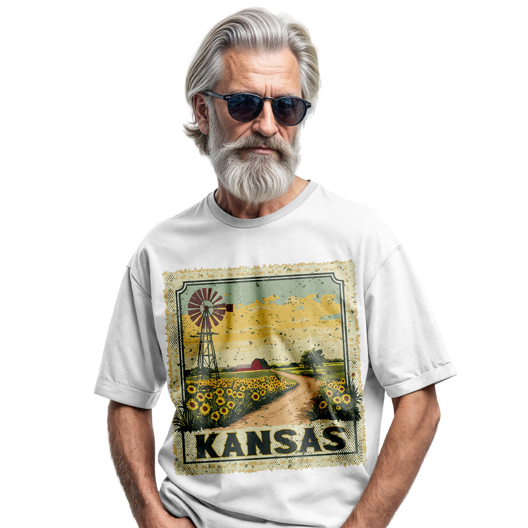 Kansas Sunflower Field Tee | Vintage Farmhouse Windmill Shirt