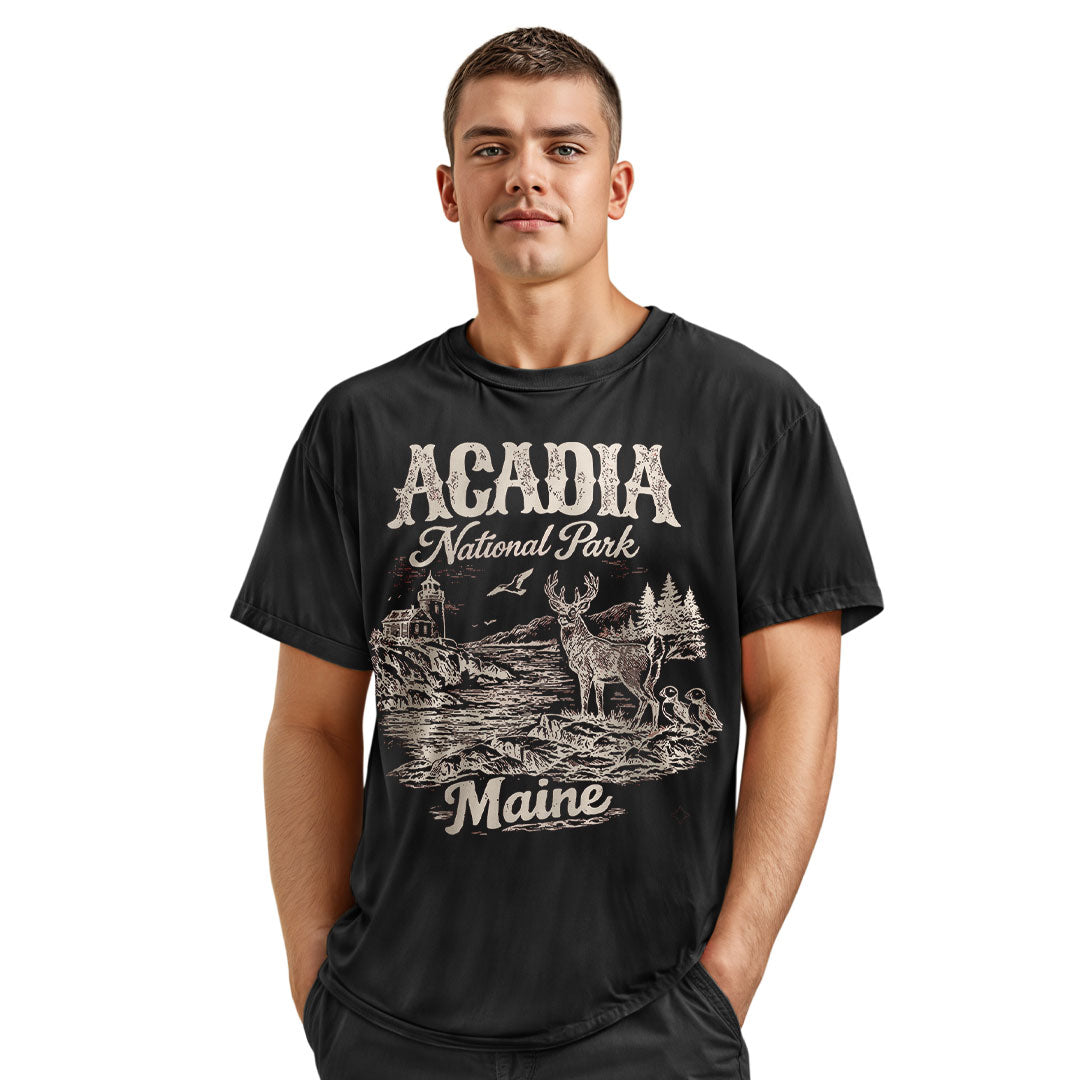 Acadia National Park Maine Tee | Scenic Deer Coastal Shirt
