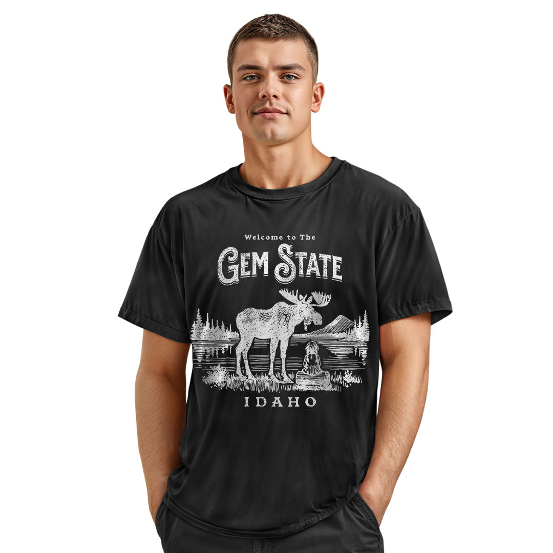 Welcome to Idaho T-Shirt, Gem State Moose Graphic Tee, Unique Travel Souvenir Gift Shirt