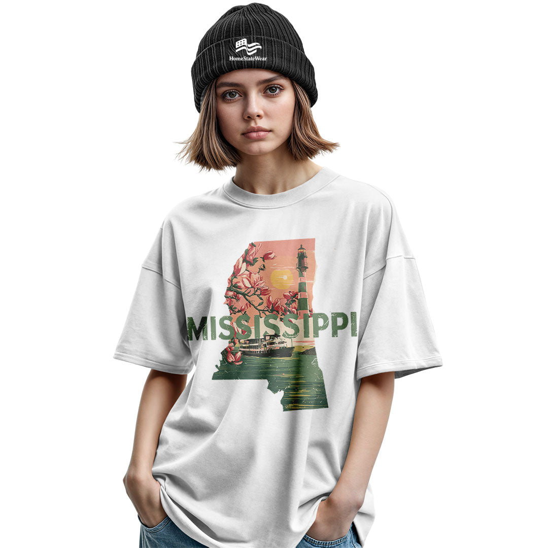 Mississippi Graphic T-Shirt, Magnolia Flowers Lighthouse Riverboat Sunset