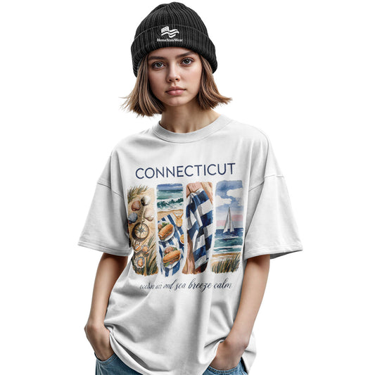 Connecticut Coastal T-Shirt, Nautical Sailboat & Seashell Graphic