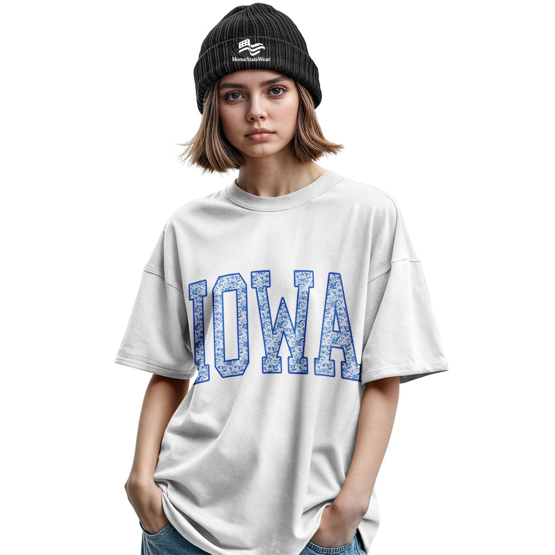 Blue Floral Iowa Varsity Tee | Midwestern Mama Gift Shirt