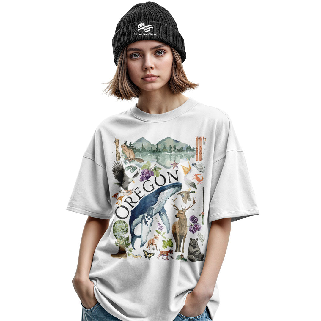 Oregon Watercolor Wildlife T-Shirt, Pacific Northwest State Pride Tee
