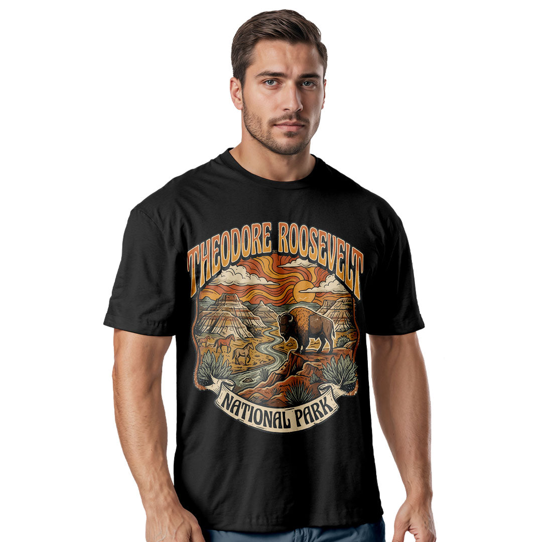 Theodore Roosevelt National Park T-Shirt, Retro Badlands Bison Tee
