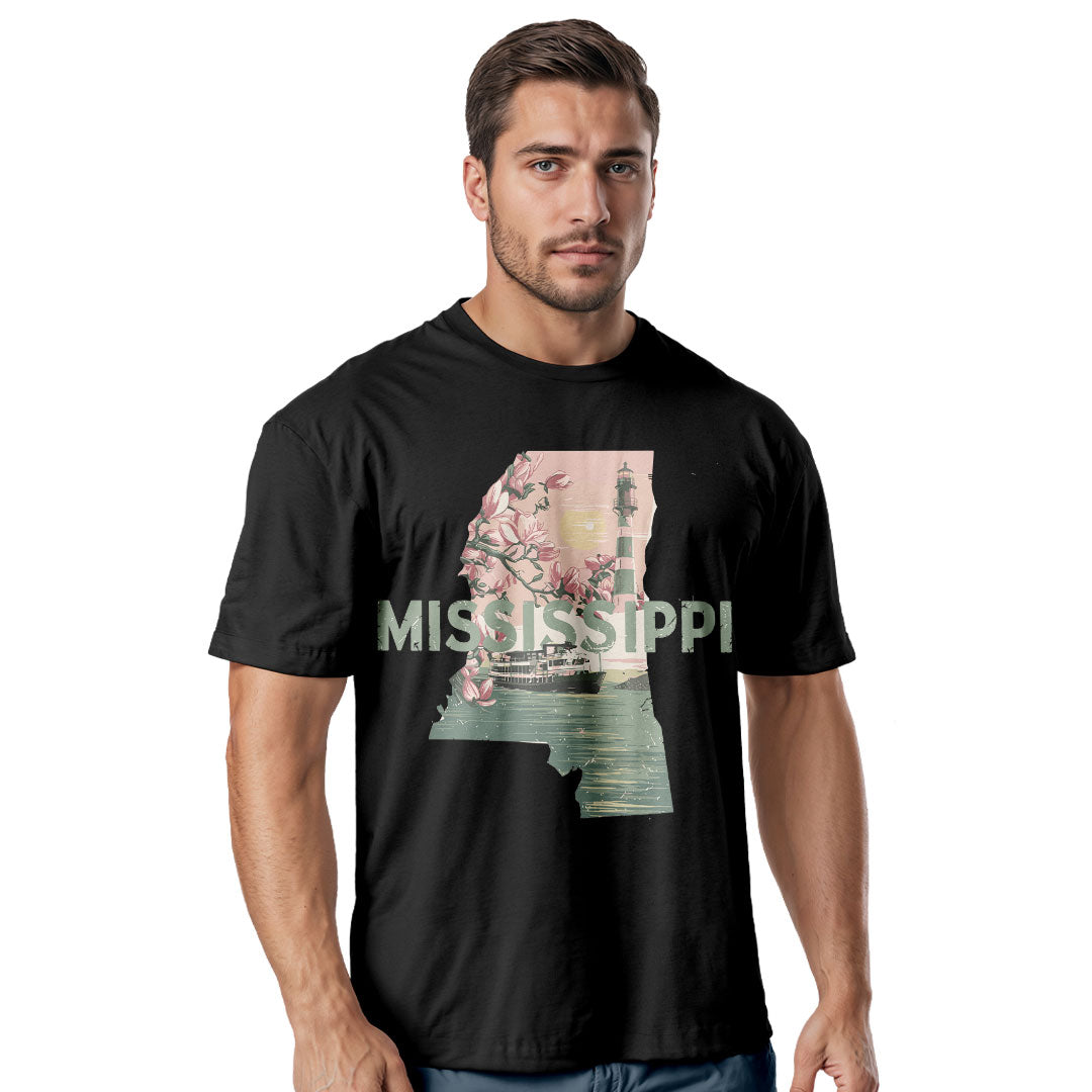 Mississippi Graphic T-Shirt, Magnolia Flowers Lighthouse Riverboat Sunset