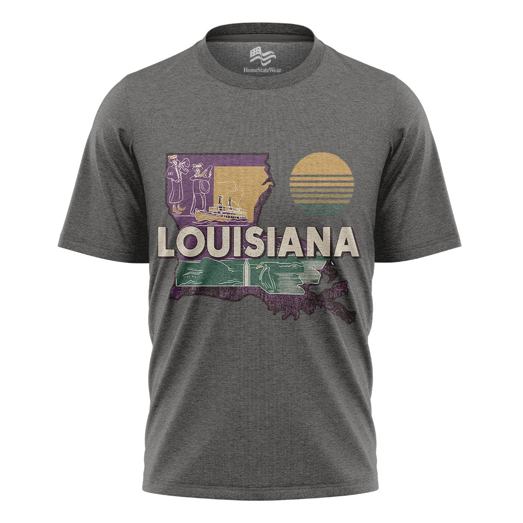 Louisiana Map T-Shirt | Retro Jazz Pelican Souvenir Tee