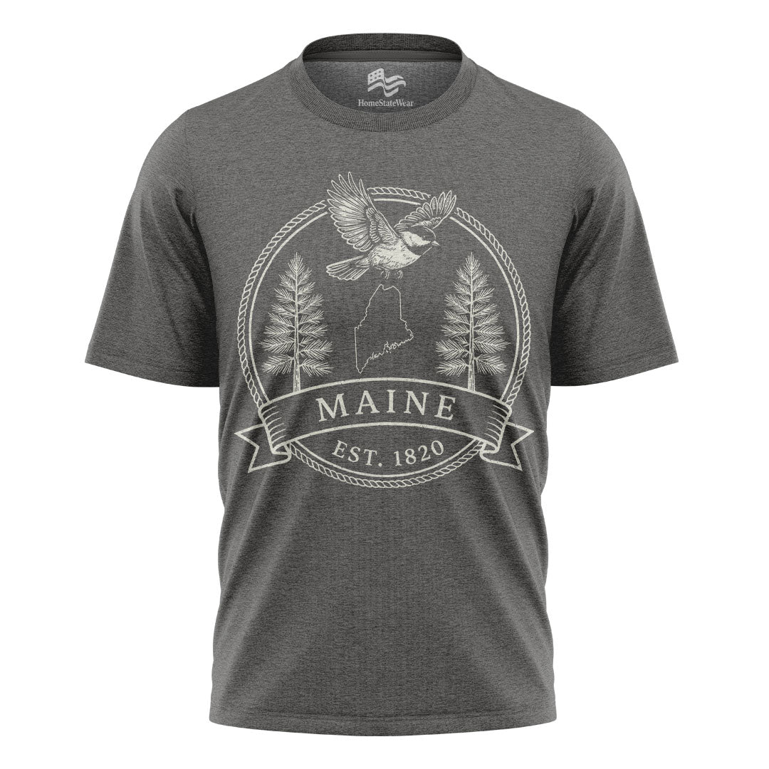 Maine Est 1820 T-Shirt | Chickadee White Pine Souvenir Tee