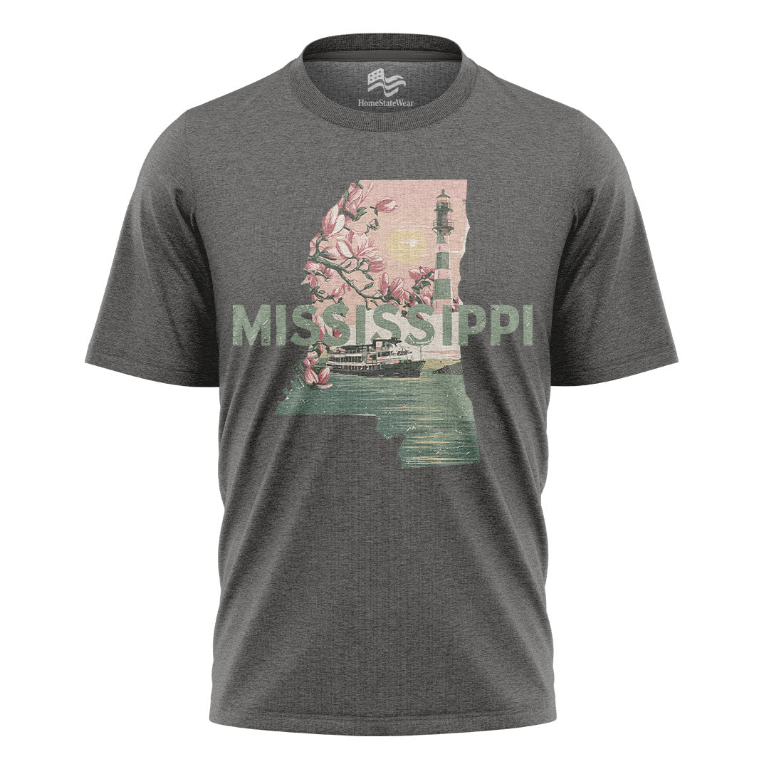 Mississippi Graphic T-Shirt, Magnolia Flowers Lighthouse Riverboat Sunset