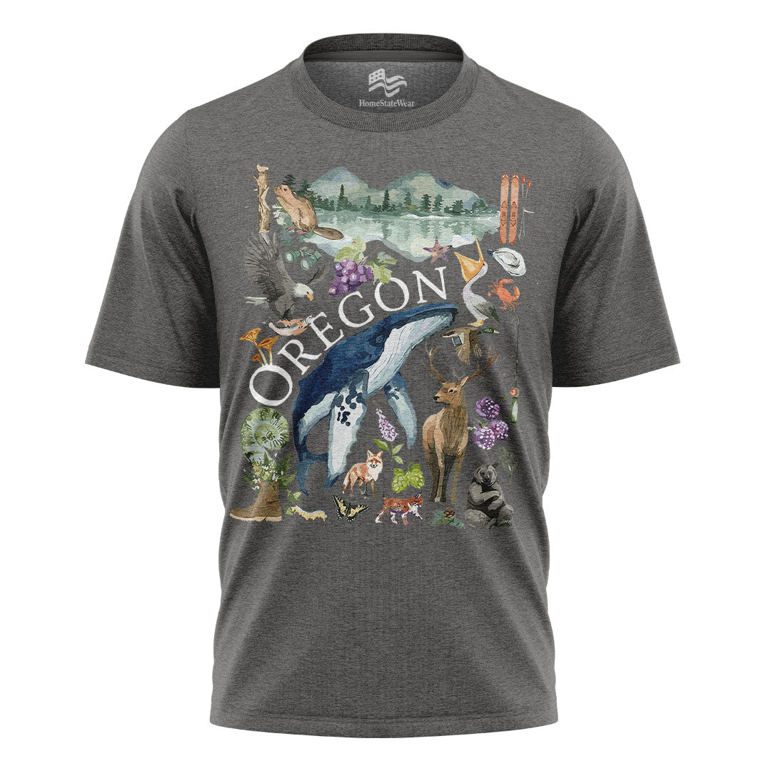 Oregon Watercolor Wildlife T-Shirt, Pacific Northwest State Pride Tee
