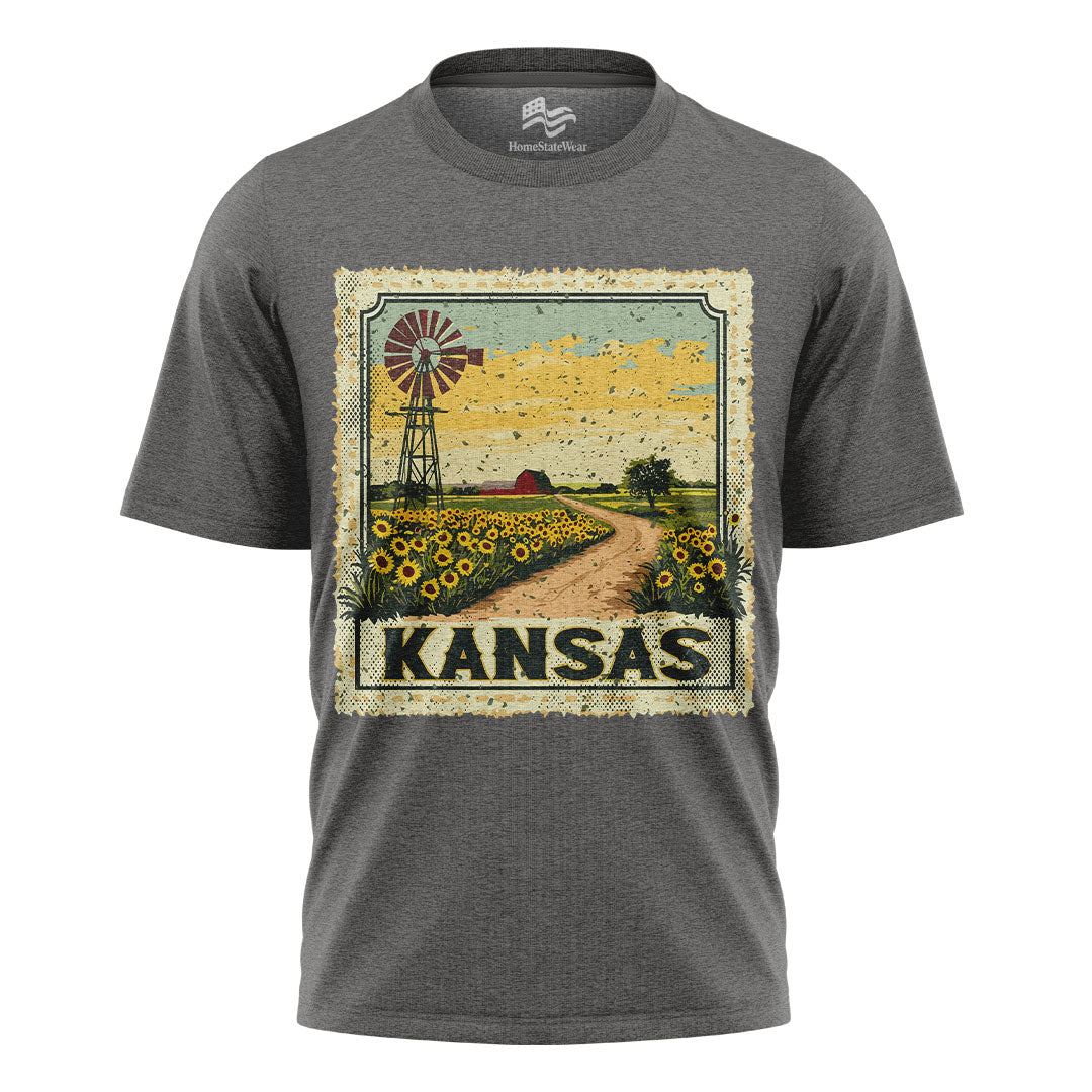 Kansas Sunflower Field Tee | Vintage Farmhouse Windmill Shirt