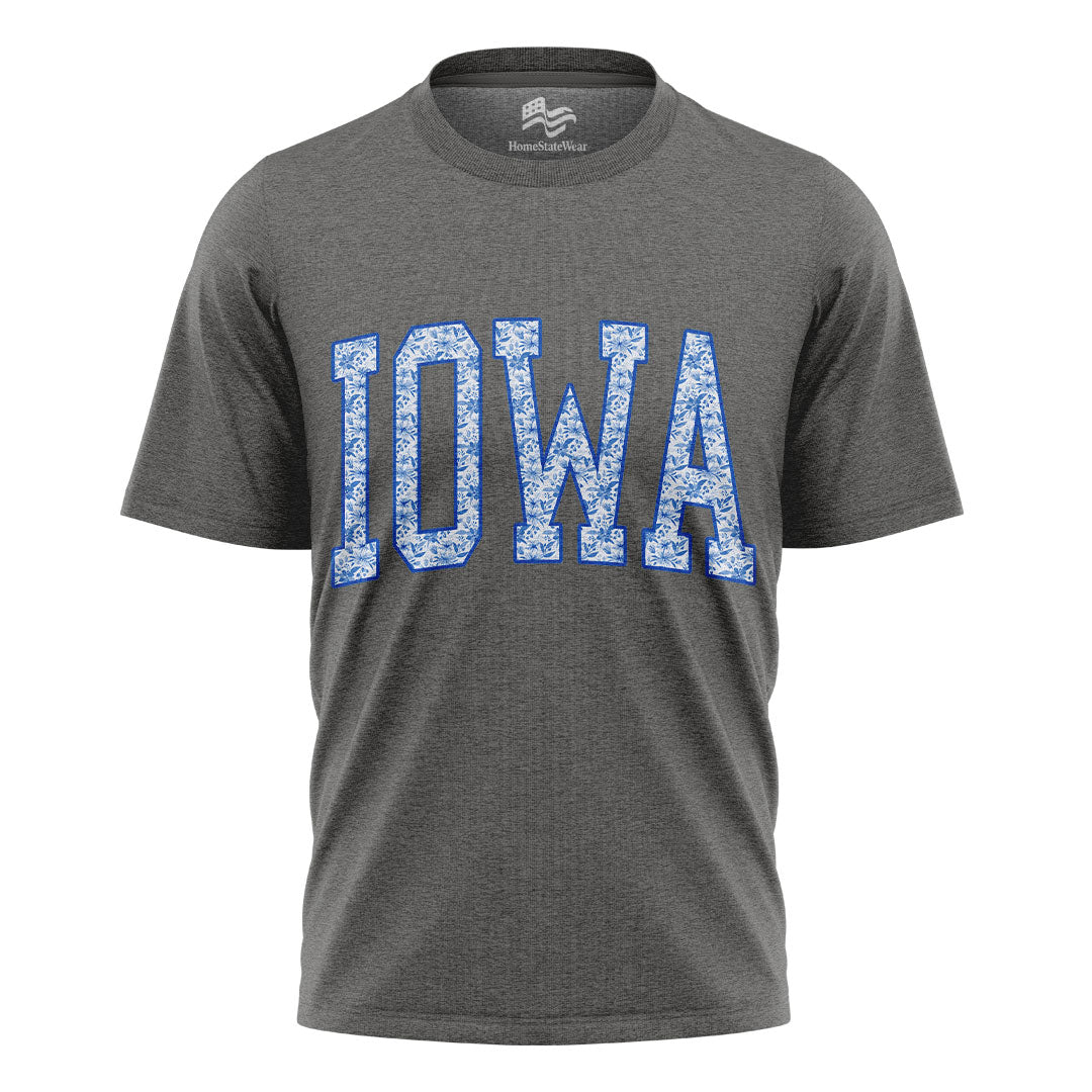 Blue Floral Iowa Varsity Tee | Midwestern Mama Gift Shirt