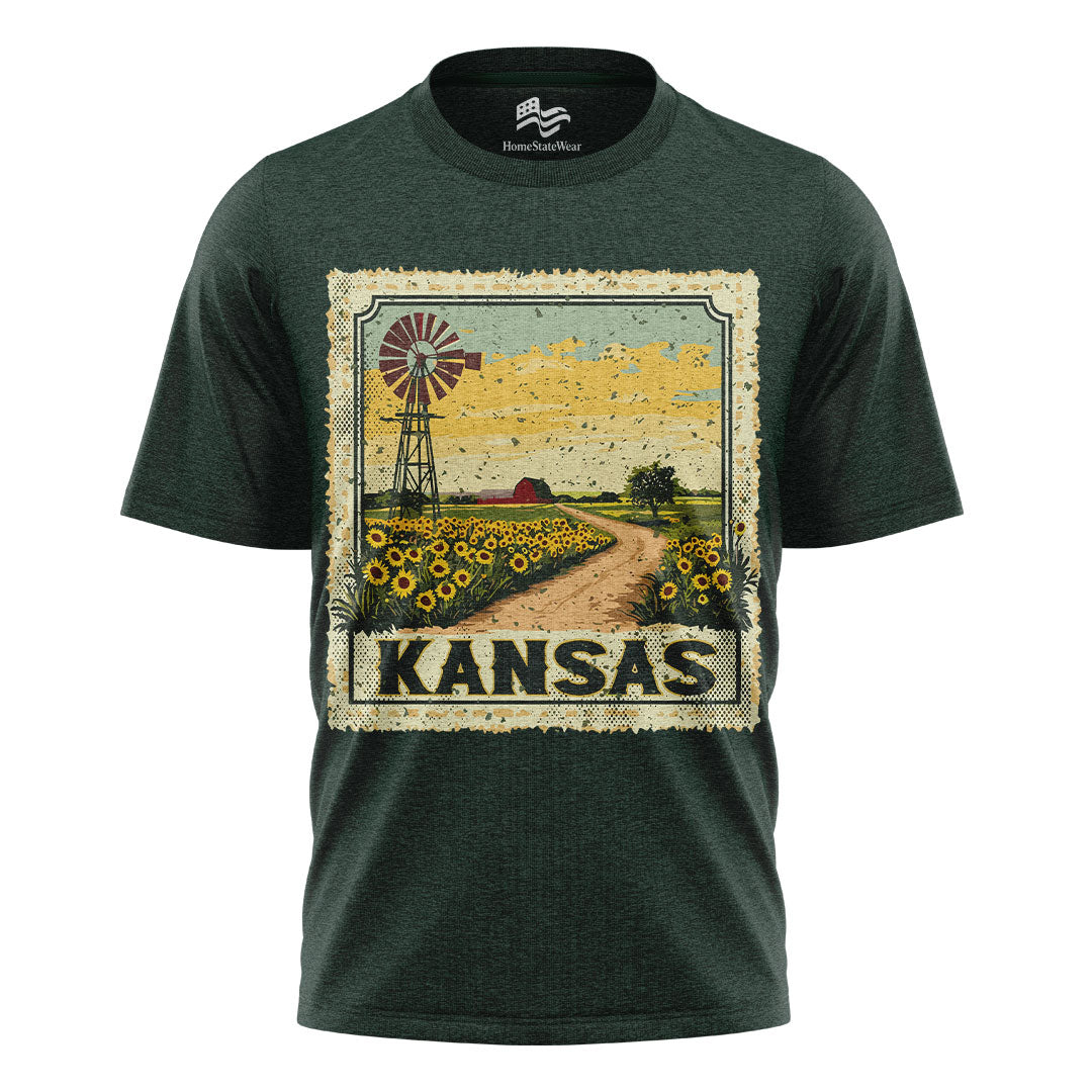 Kansas Sunflower Field Tee | Vintage Farmhouse Windmill Shirt