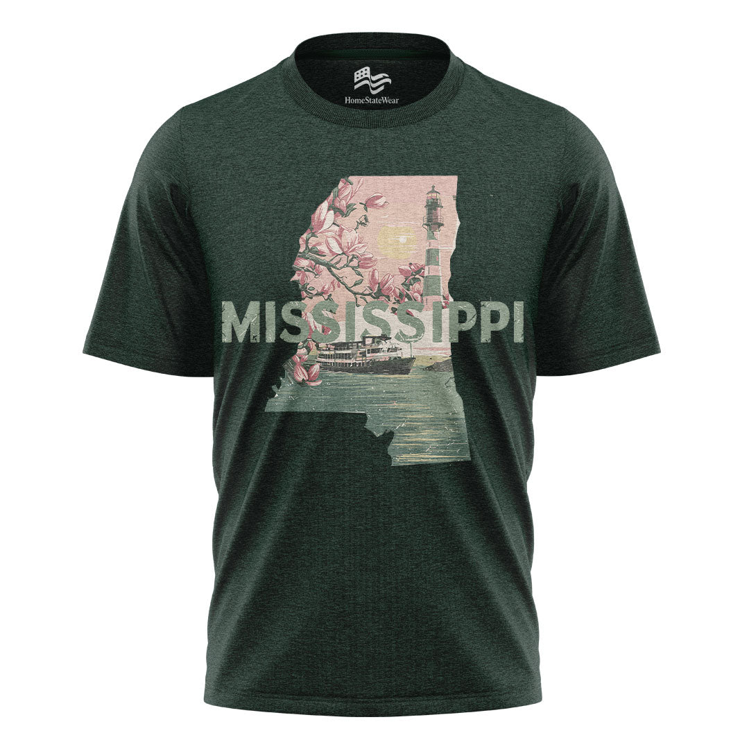 Mississippi Graphic T-Shirt, Magnolia Flowers Lighthouse Riverboat Sunset