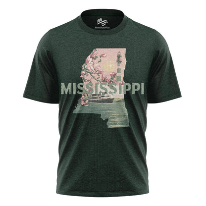 Mississippi Graphic T-Shirt, Magnolia Flowers Lighthouse Riverboat Sunset