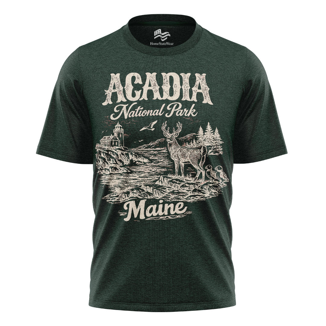 Acadia National Park Maine Tee | Scenic Deer Coastal Shirt