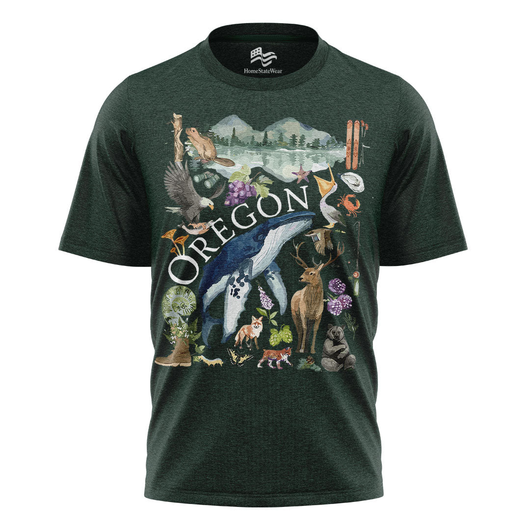 Oregon Watercolor Wildlife T-Shirt, Pacific Northwest State Pride Tee
