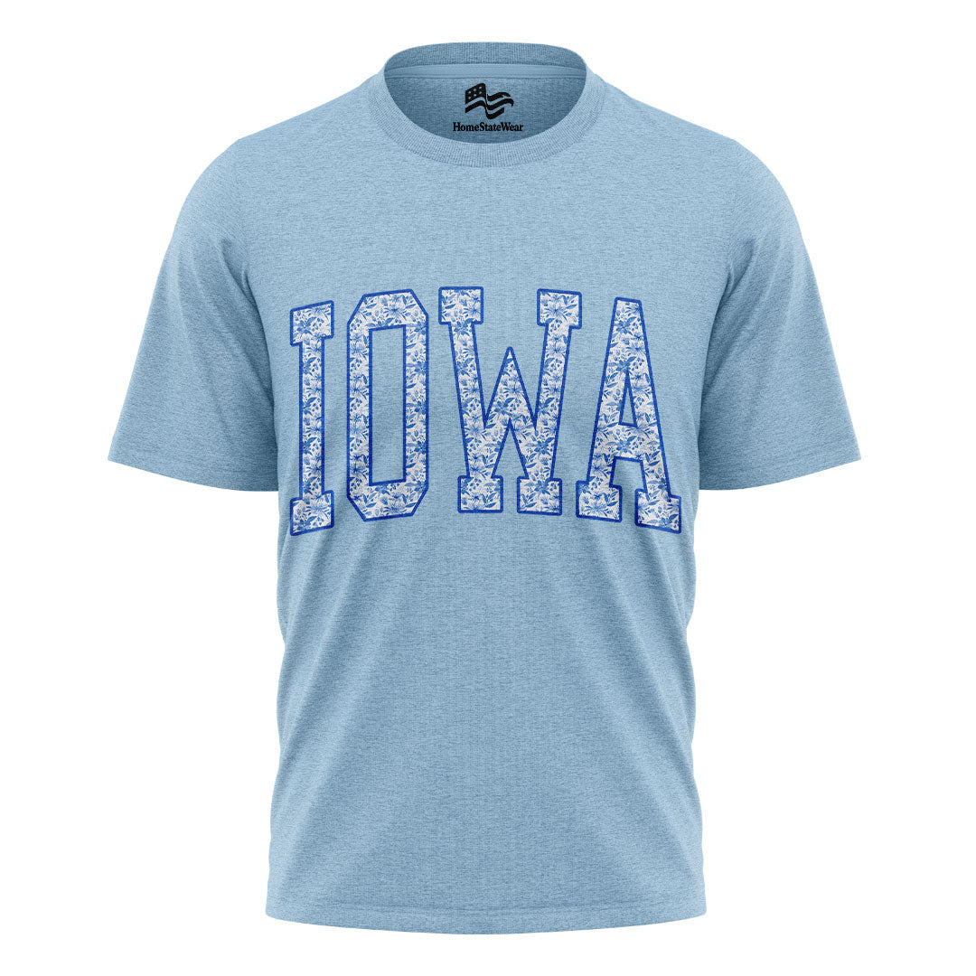 Blue Floral Iowa Varsity Tee | Midwestern Mama Gift Shirt
