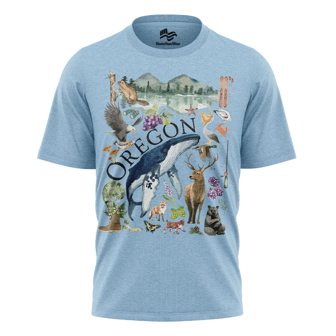 Oregon Watercolor Wildlife T-Shirt, Pacific Northwest State Pride Tee
