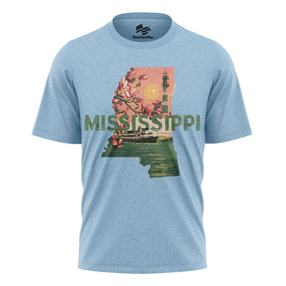 Mississippi Graphic T-Shirt, Magnolia Flowers Lighthouse Riverboat Sunset