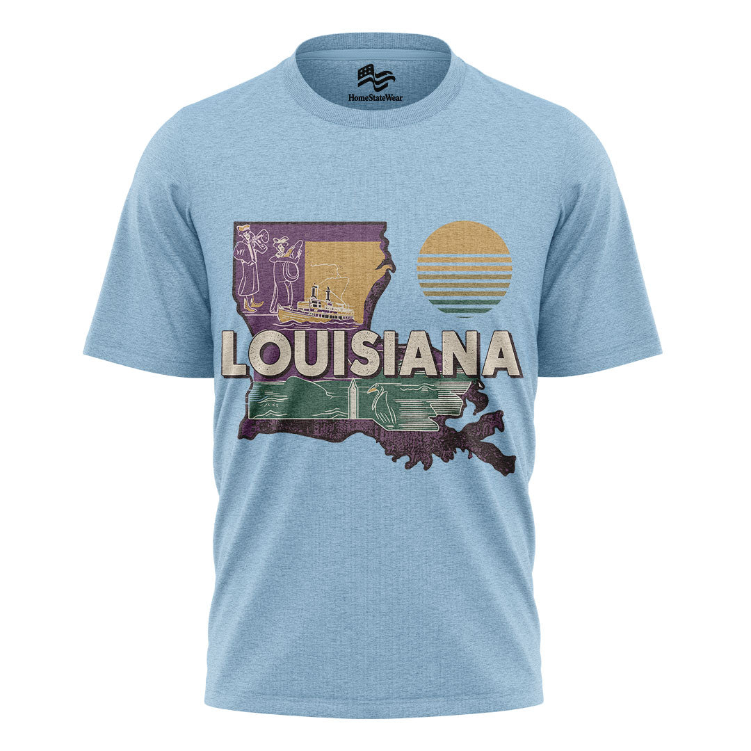 Louisiana Map T-Shirt | Retro Jazz Pelican Souvenir Tee