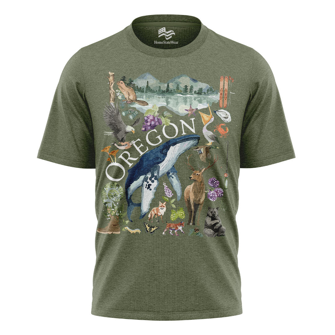 Oregon Watercolor Wildlife T-Shirt, Pacific Northwest State Pride Tee