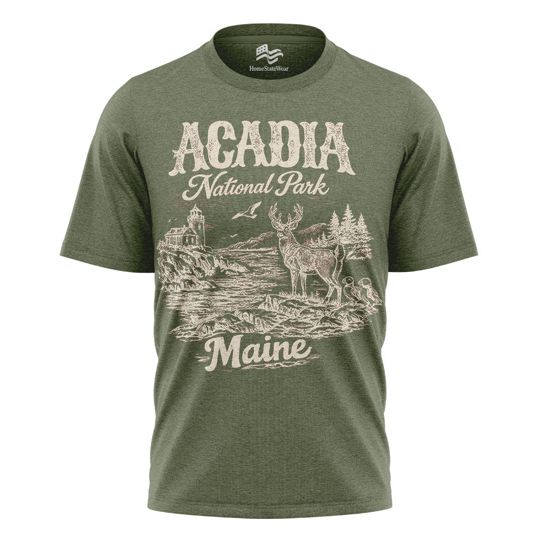 Acadia National Park Maine Tee | Scenic Deer Coastal Shirt
