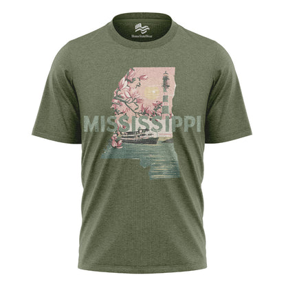 Mississippi Graphic T-Shirt, Magnolia Flowers Lighthouse Riverboat Sunset