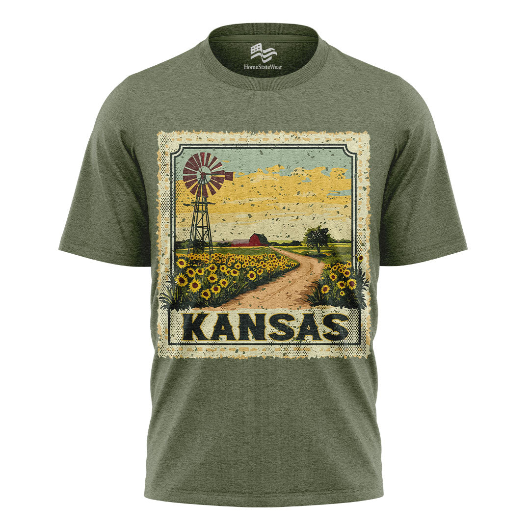Kansas Sunflower Field Tee | Vintage Farmhouse Windmill Shirt