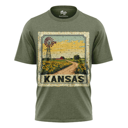 Kansas Sunflower Field Tee | Vintage Farmhouse Windmill Shirt