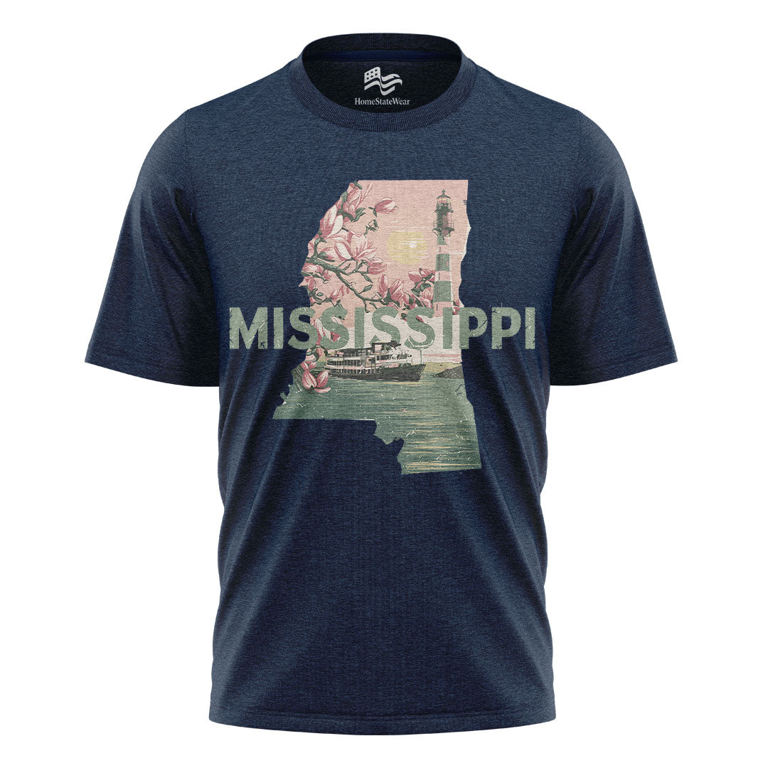 Mississippi Graphic T-Shirt, Magnolia Flowers Lighthouse Riverboat Sunset