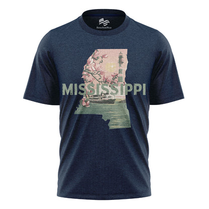 Mississippi Graphic T-Shirt, Magnolia Flowers Lighthouse Riverboat Sunset