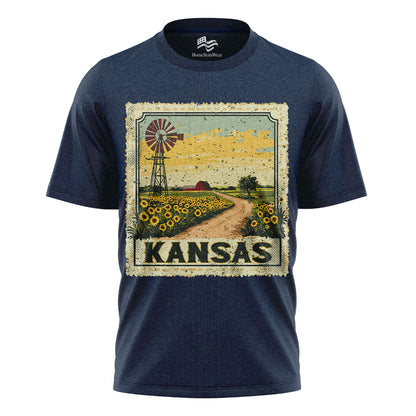Kansas Sunflower Field Tee | Vintage Farmhouse Windmill Shirt