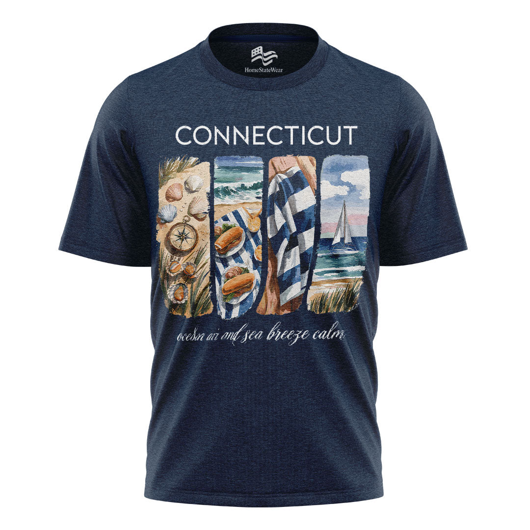 Connecticut Coastal T-Shirt, Nautical Sailboat & Seashell Graphic