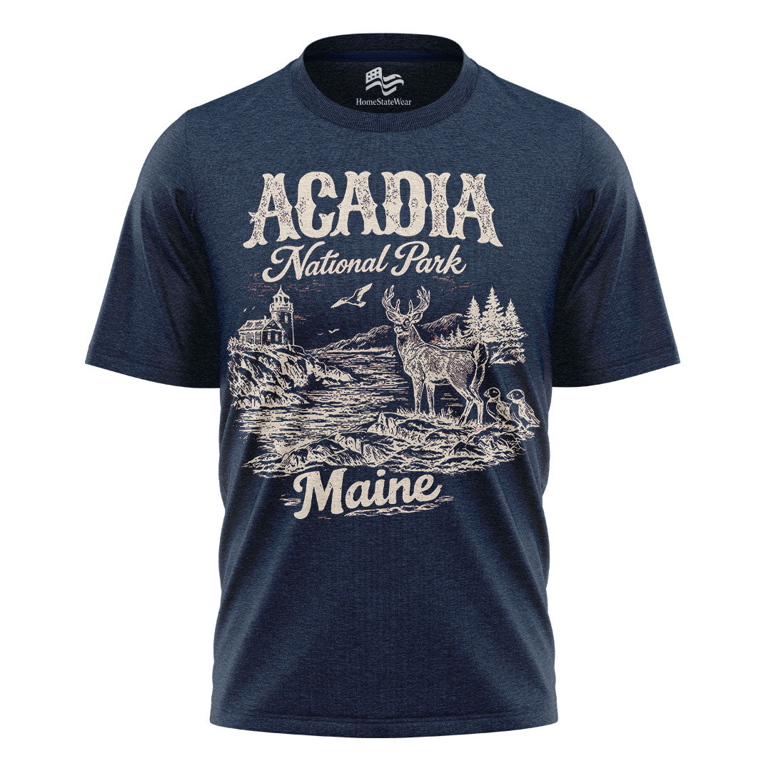 Acadia National Park Maine Tee | Scenic Deer Coastal Shirt