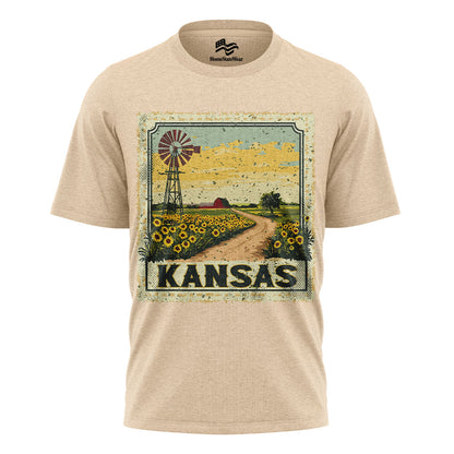Kansas Sunflower Field Tee | Vintage Farmhouse Windmill Shirt