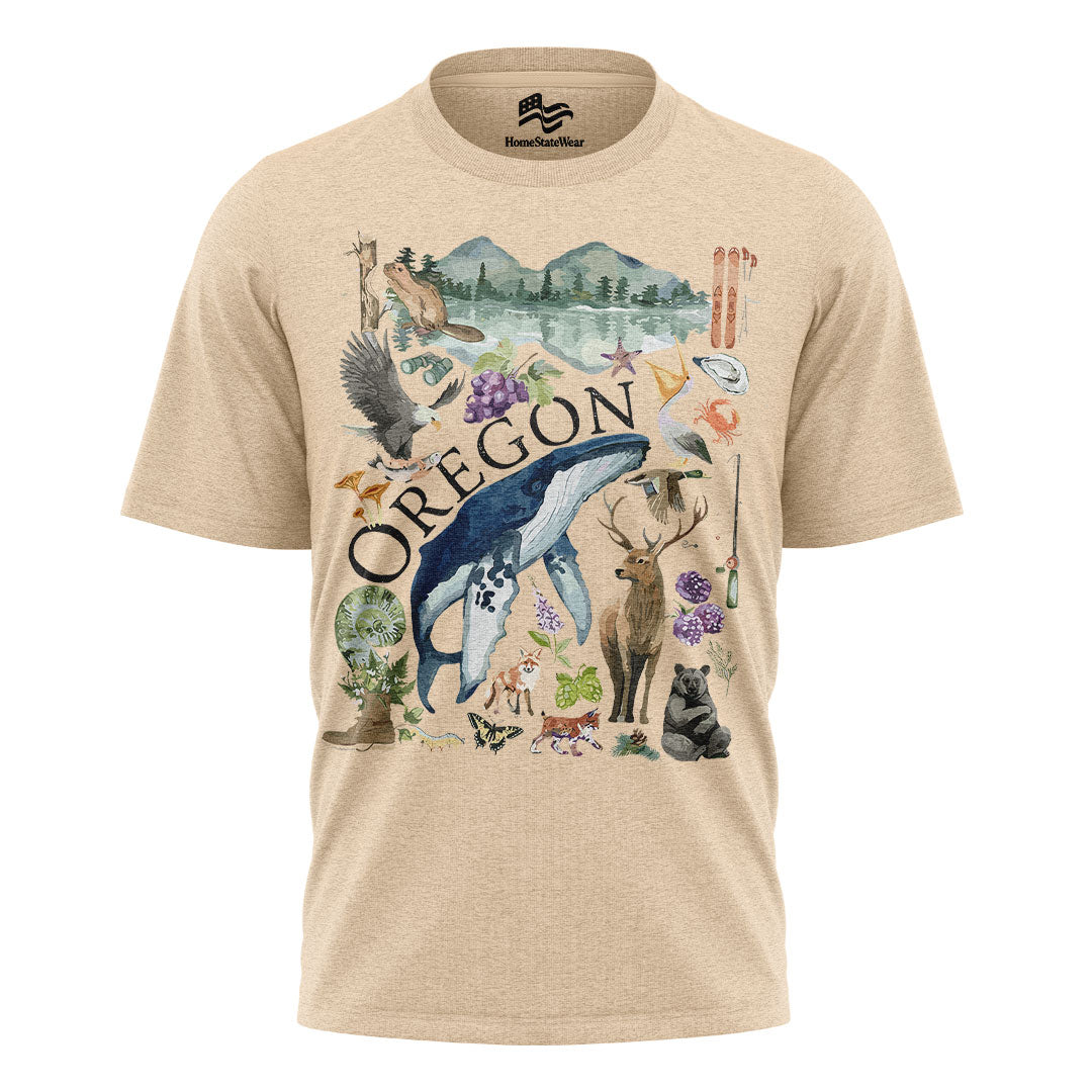 Oregon Watercolor Wildlife T-Shirt, Pacific Northwest State Pride Tee