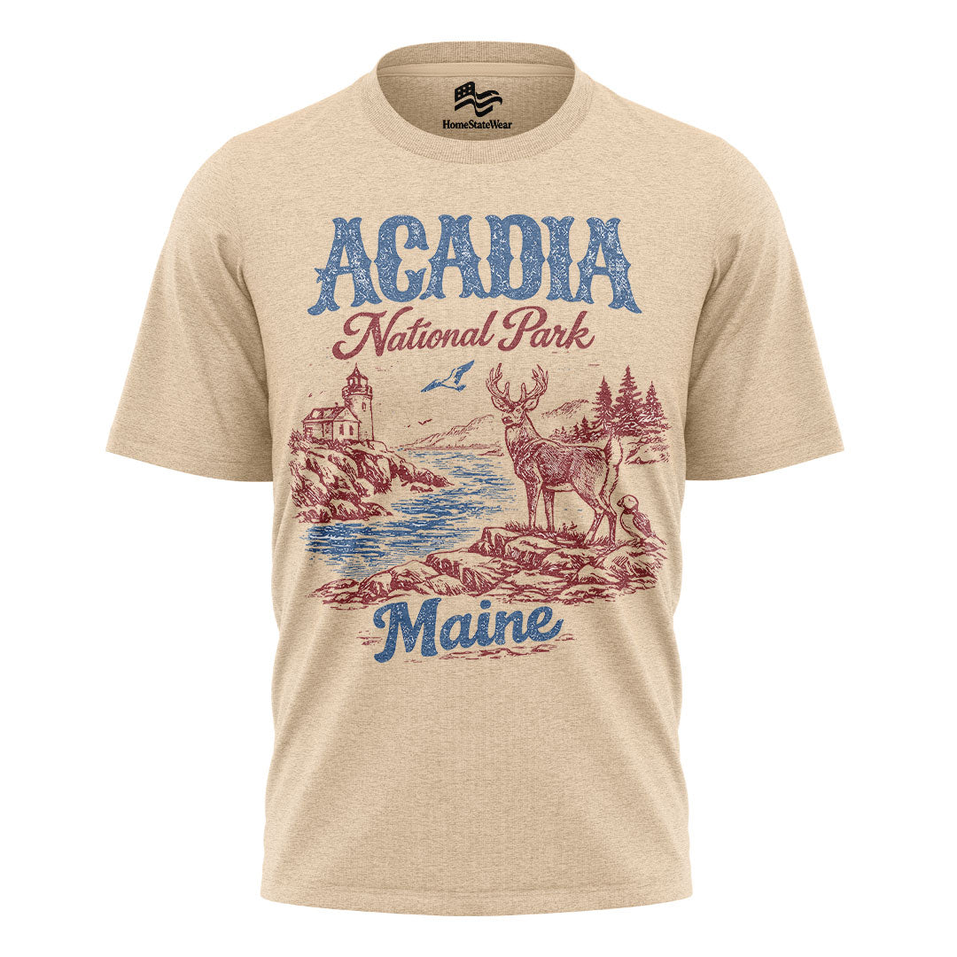 Acadia National Park Maine Tee | Scenic Deer Coastal Shirt
