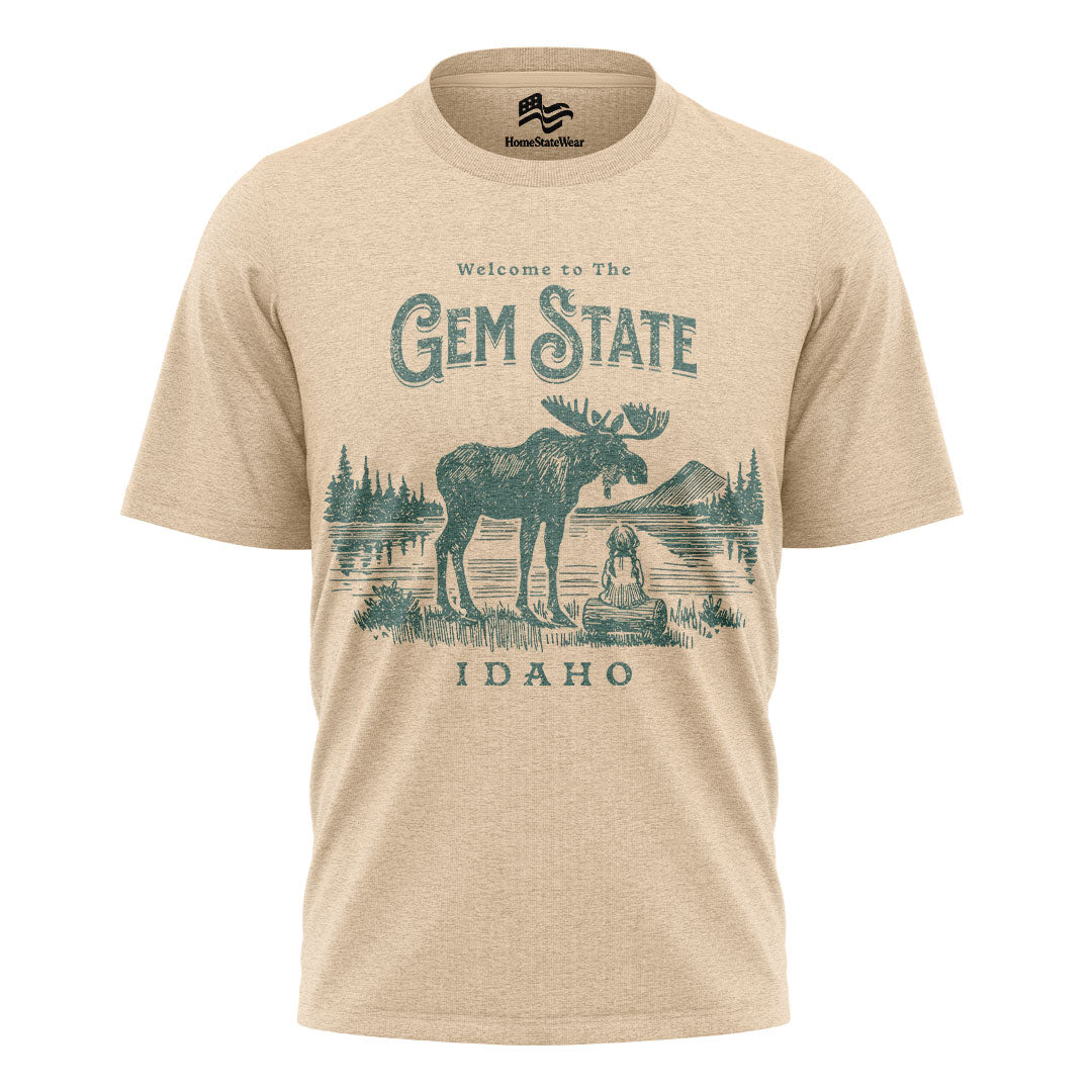 Welcome to Idaho T-Shirt, Gem State Moose Graphic Tee, Unique Travel Souvenir Gift Shirt