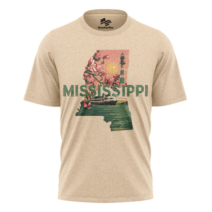 Mississippi Graphic T-Shirt, Magnolia Flowers Lighthouse Riverboat Sunset