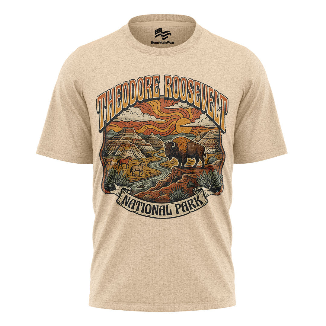Theodore Roosevelt National Park T-Shirt, Retro Badlands Bison Tee