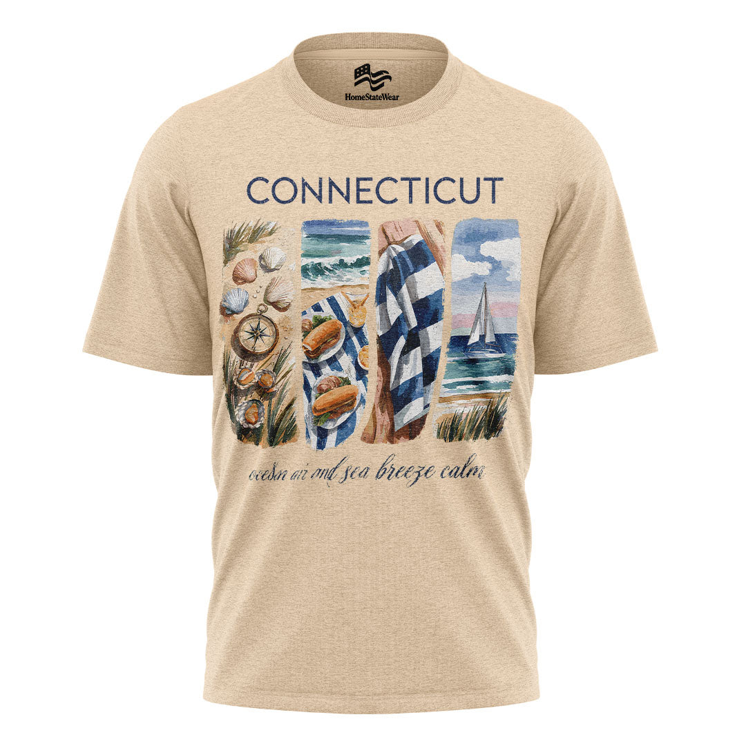 Connecticut Coastal T-Shirt, Nautical Sailboat & Seashell Graphic